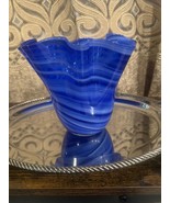 Art Glass Hand Blown Cobalt Blue Swirl Vase - £43.27 GBP