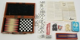Vintage Game Set Dominos Backgammon Checkers Chess Card Faux Leather Tra... - $9.89