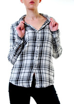 SUNDRY Womens Shirt Basic Long Sleeve Flannel Plaid Stylish Black Size S - £38.22 GBP