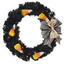 December Diamonds 29-29491 Candy Corn Halloween 16.5&quot; Black Pre-lit Wreath Decor - £35.99 GBP