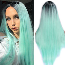 Green Long Straight Synthetic Wig Ombre Hair For Women Middle Part Hair - £39.11 GBP