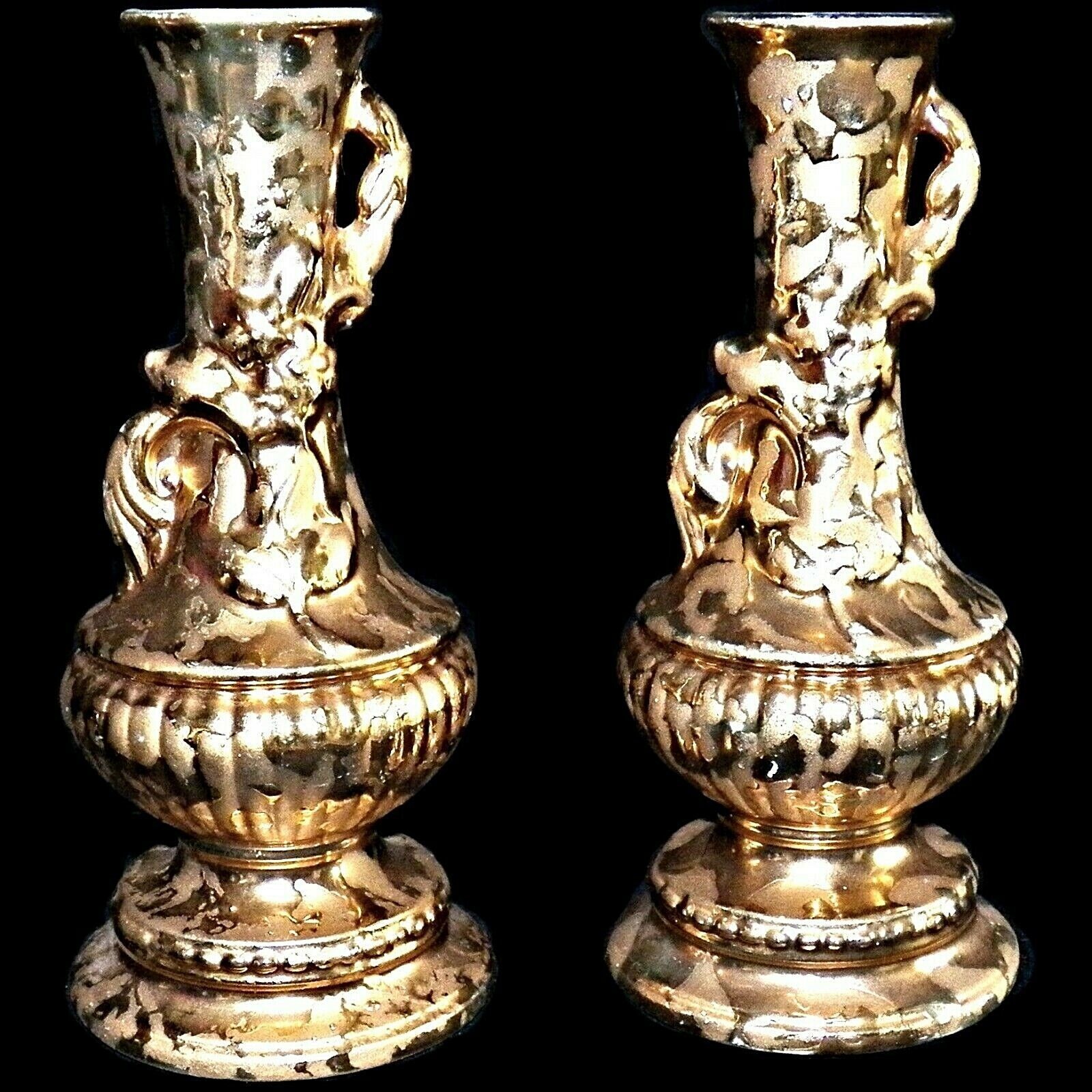 Pair Cameron Mid Century Hollywood Regency Glam 24K USA Weeping Gold Bud Vases - $99.99