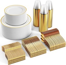 600pcs Gold Dinnerware Set for 100 Guests Gold Rim Plastic Plates Dispos... - $162.36