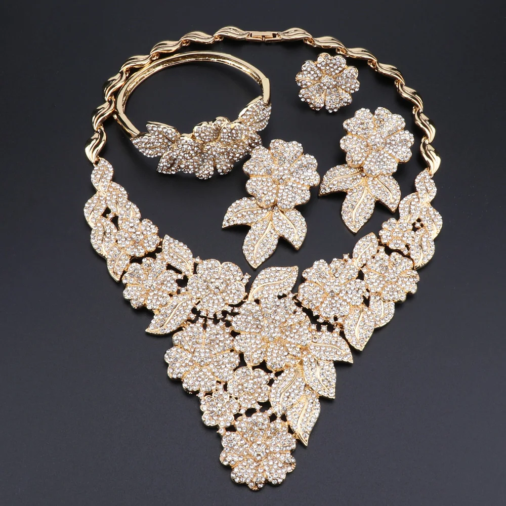 Bridal Dubai Gold Jewelry Sets Crystal Dinner Dress Necklace Bangle Nige... - $78.57