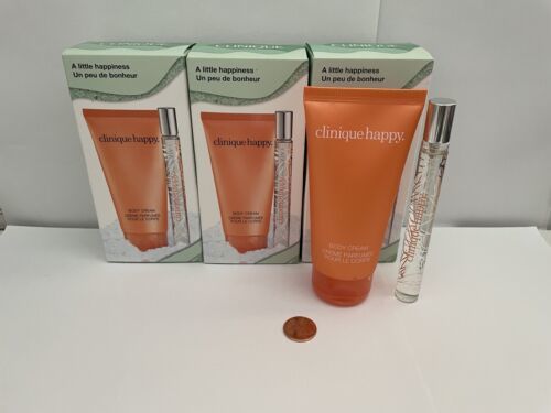 3 Clinique Happy Perfum Spray 0.34oz & Body Cream 2.5oz Gift Set - £47.39 GBP