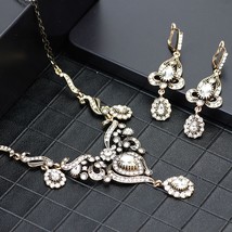 Sunspicems Retro Gold Color Turkish Gray Rhinestone Flower Earring Necklace Sets - £18.86 GBP