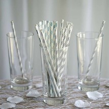 100 Pcs 8&quot;&quot; White And Silver Biodegradable Striped Paper Straws Light Gray Party - £11.06 GBP