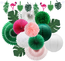 Meiduo Tropical Flamingo Palm Leaves Party Decorations with Paper Fans Paper Lan - £20.00 GBP