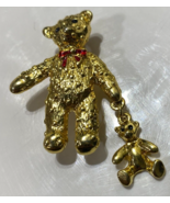 Vintage Bear Holding Toy Bear Brooch Pin Gold Tone  Red Bow Tie - £6.77 GBP