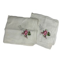 Petit Point Cross Stitch Pink Rose Monogram M WHITE Handkerchief Lot 2 V... - £25.25 GBP