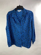 Lady Caribou Womens L Button Down Blouse Shirt, Blue Black Cheetah VTG USA-Made - £15.69 GBP