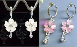 1 Pair Spring CLIP-ON Pink Or White Flower+Cz Drop Dangle Earrings - £4.81 GBP