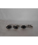 Vintage Black Onyx Silver Tone Cufflinks and Tie Bar Unmarked - $7.70