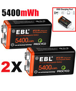 2Pack Usb Rechargeable 9V Lithium Li-Ion Battery Batteries 5400Mwh 9 Volt - £24.36 GBP