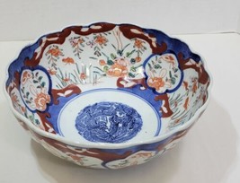 Chinese Rose Canton Serving Bowl Scalloped Rim Vintage Footed Hand Painted - £36.58 GBP