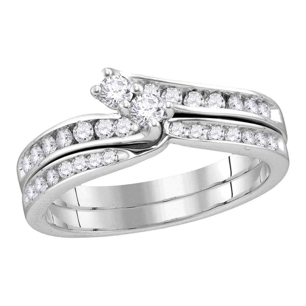 14k White Gold Round Diamond 2-Stone Bridal Engagement Wedding Ring Set 1/2 Ctw - £758.58 GBP