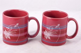 Coffee Cup set two matching maroon mugs with orchids flower design - $6.50