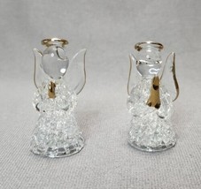 Vintage Spun Glass Angel Miniature Figurines Praying &amp; Holding Candle Gold Trim - £15.62 GBP