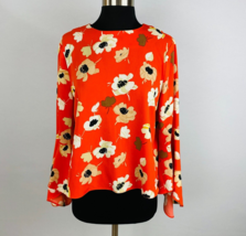 Carmen Marc Valvo Orangey Red Happy Floral Print Bell Sleeve Women&#39;s 6 Top - £24.03 GBP