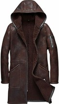 Brown Hooded Men&#39;s Genuine Shearling Fur Sheepskin Leather Coat - £400.86 GBP