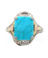 10k Gold Genuine Natural Turquoise Ring w/ Rose and Green Gold Flowers (... - €538,18 EUR