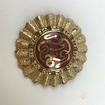Vintage Enamel Scroll Brooch Pin Guilloche Red Filigree Round Fan Gold Tone - £21.62 GBP