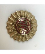 Vintage Enamel Scroll Brooch Pin Guilloche Red Filigree Round Fan Gold Tone - £21.30 GBP