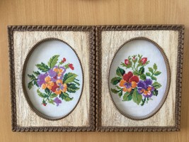 Two framed needlework cross stitch embroidery wall art flowers free shipment  - £54.21 GBP