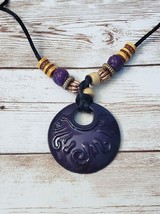 Vintage Necklace Black Cord &amp; Wood &amp; Dark Purple Beads and Large Dark Purple - £11.18 GBP