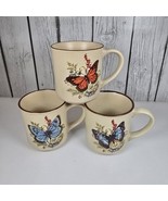 Vintage Stoneware Mugs Set Of 3 Blue Orange Butterfly Motif Brown Rim 12 oz - $275.33 MXN