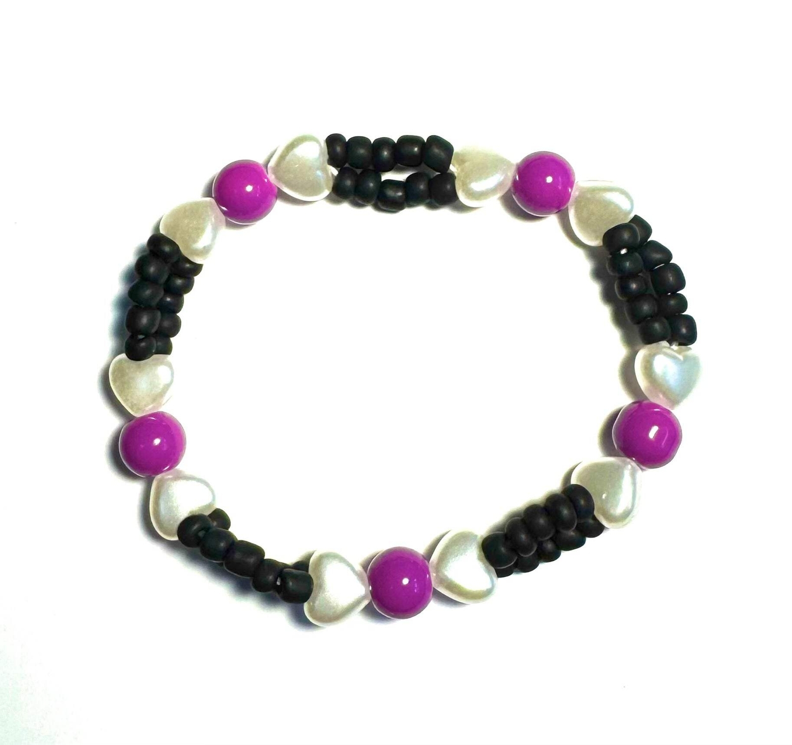Black and Purple with Pearl Hearts Beaded Stretchy Bracelet - $8.54
