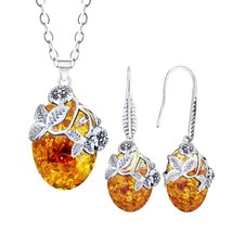 Retro Oval Synthetic Ambers Jewelry Set For Women Antique Silver Plated Necklace - £18.86 GBP