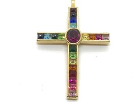 Rainbow Color Glass Stone Cross Signed Christian Jewelry - $0.99