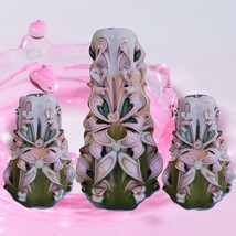Carved Candles Home Decor handmade Gift Colourful Design Coral Pink Green Art - £79.08 GBP