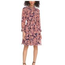Vince Camuto Womens Long Sleeve Printed Ruffle Neck Dress Red Navy Blue 10 - £23.29 GBP