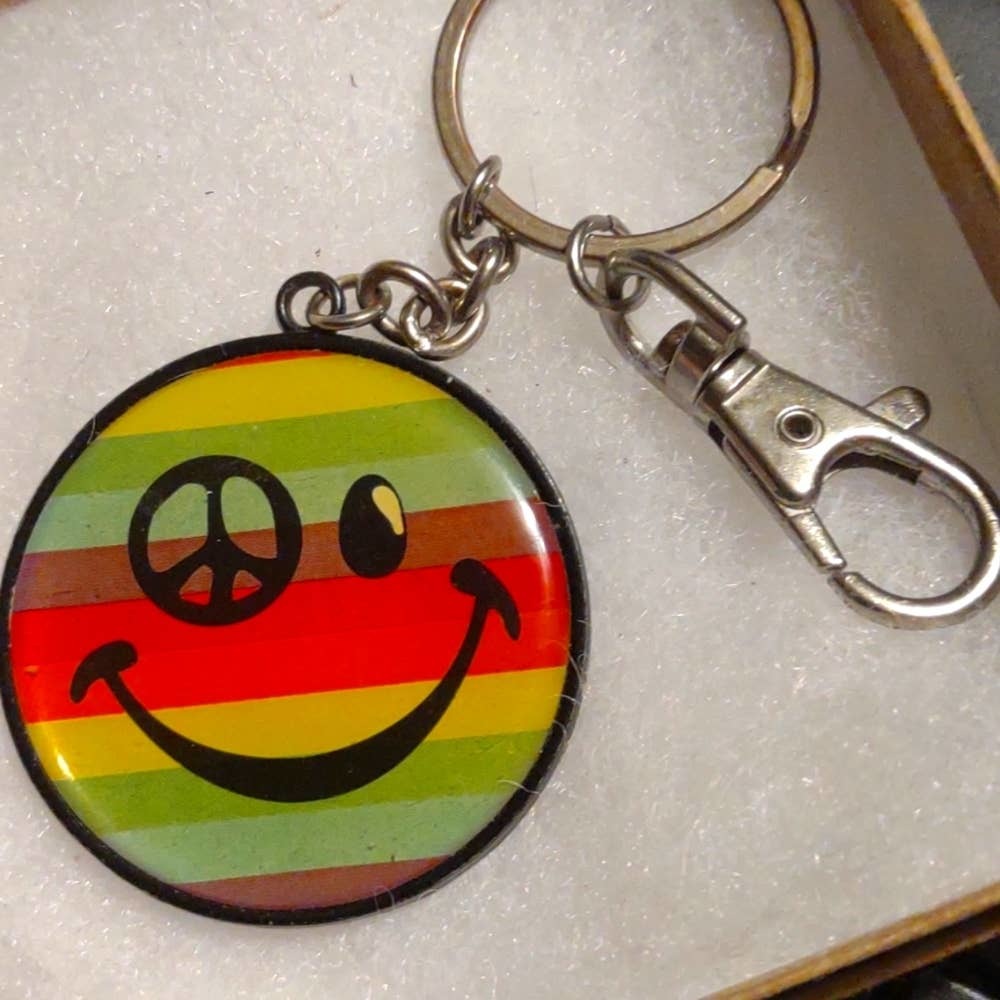 60s rainbow peace sign smiley face keychain - $18.81