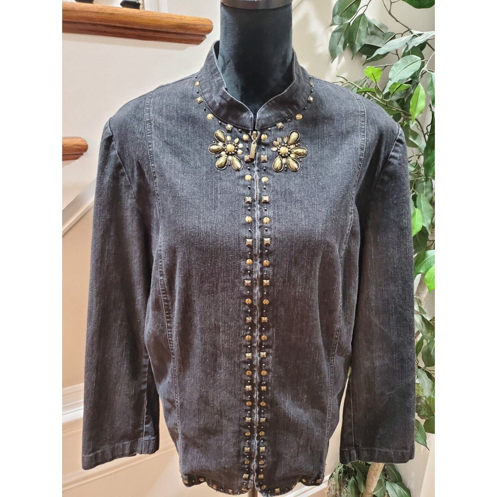 Alfred Dunner Women Gray Denim Ramie Long Sleeve Full Zip Casual Jacket Size 16W Item image 2