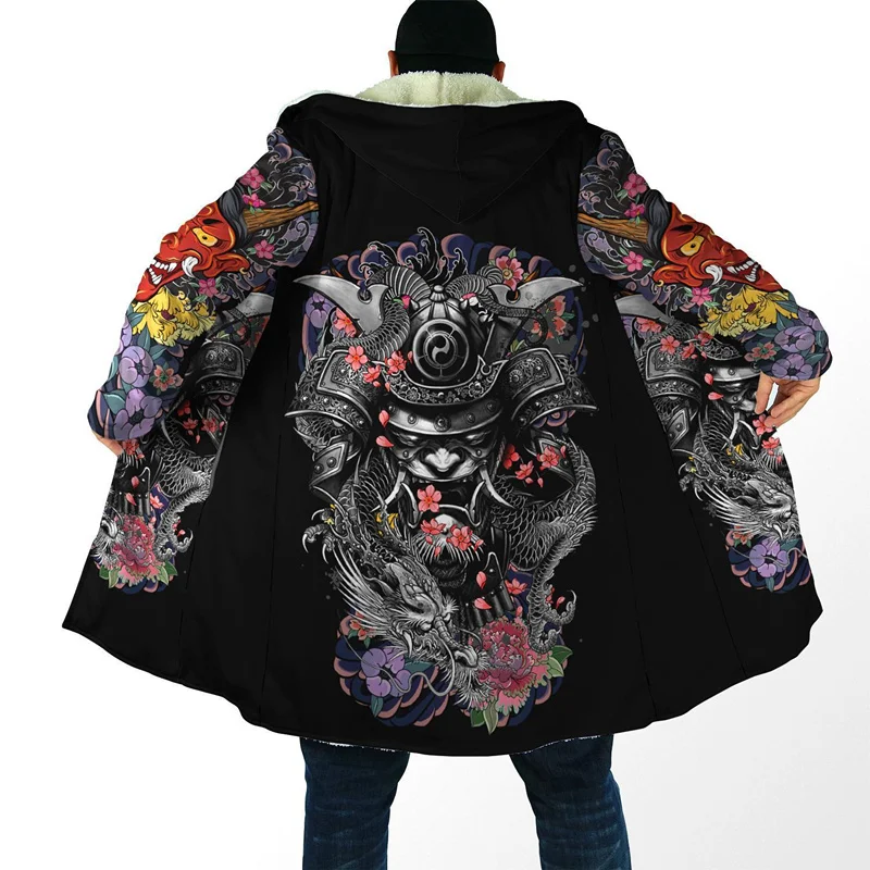 Men&#39;s Winter Warm Hooded Cloak Samurai and  Tattoo 3D Printing Fleece Trench Coa - £182.70 GBP