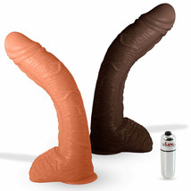 LeLuv Dildo Big Bent 10&quot; Realistic Thick Veiny Suction Cup + Bullet Massager - £30.83 GBP
