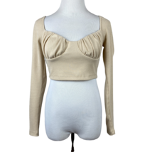 Princess Polly Crop Top 6 Beige Ribbed Knit Sweetheart Neckline Long Sleeve Ruch - £23.68 GBP
