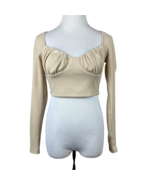 Princess Polly Crop Top 6 Beige Ribbed Knit Sweetheart Neckline Long Sle... - £23.55 GBP