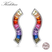 Kaletine 100% 925 Silver Stud Earrings MiPave CZ With Colorful Rainbow CZ Stud E - $22.70