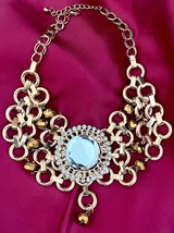 Golden Mesh Statement Necklace Large Mirror Glass Medallion Style Casual Chic - $33.25