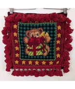 Needlepoint Christmas Pillow Teddy Bear Present Red Velvet Tassels 14&quot; - $24.19