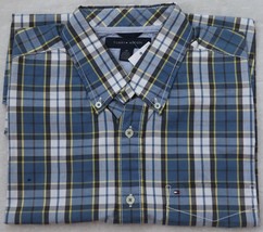 Tommy Hilfiger Men`s Button Down Shirt M Short Sleeve Blue Plaid Cotton New NWT - £31.96 GBP
