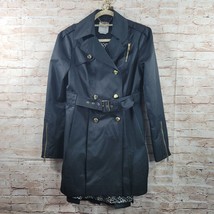 Bebe Womans Trench Coat Medium Black Military Biker Satin Zippered Sleeve Pocket - $48.61