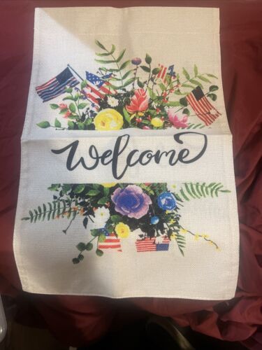 4th of July Flag Patriotic Home Decor Welcome, Flowers, Red White and Blue - $10.77