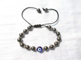 Glass Cobalt Blue Lucky Eye Evil Eye On Hematite With Steel Spacer Adj Bracelet - £3.92 GBP