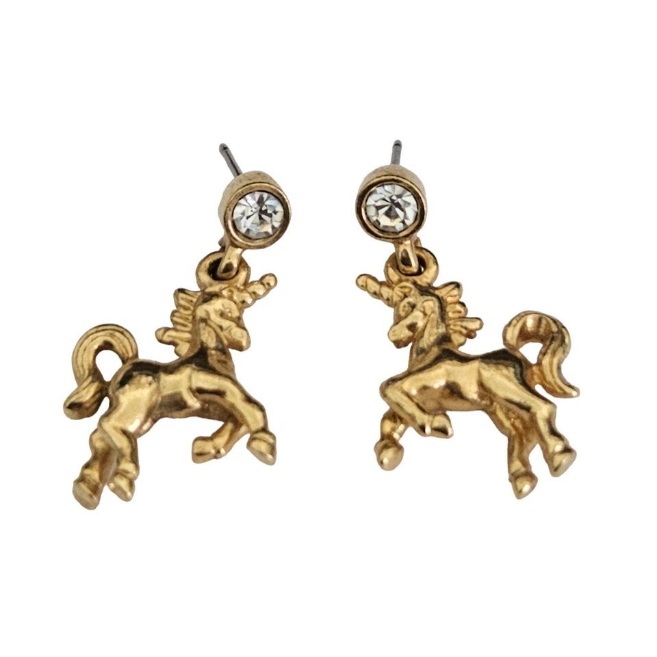 Avon Clear Glass Crystal & Gold Tone Unicorn Post back Drop Earrings - $9.89