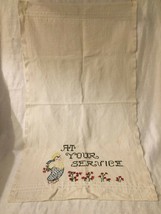 Vintage Cloth Material Dish Towel Kitchen Rag w/Embroidered &quot;At Your Ser... - £3.49 GBP